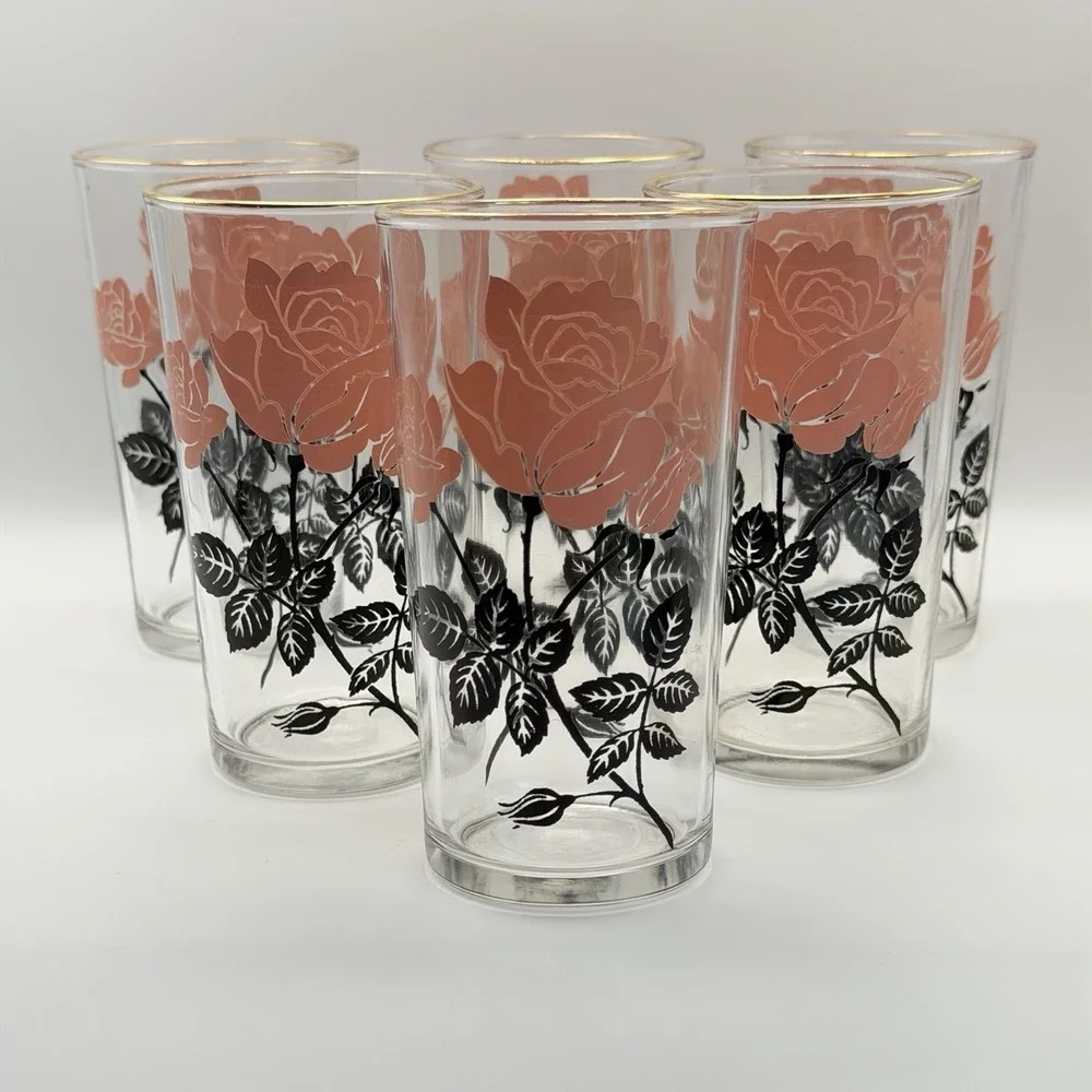Vintage‎ Pink Rose Glasses Set of 6 Highball Gold Rim Floral Tumblers 1960s MCM